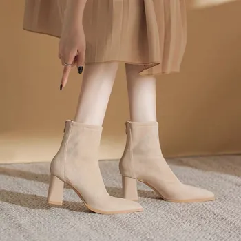 Дамски ботуши есенни обувки сабо платформа луксозен дизайнер цип ботуши-жени глезена дами остри каучук мед висок ток мода