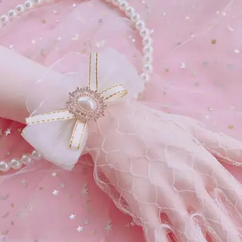 Дамски дантелени ръкавици Дантелени сватбени ръкавици с изкуствена перла Bow-възел Елегантни булчински аксесоари за абитуриентски банкетни коктейли