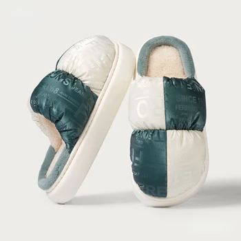 Дамски зимни домашни памучни чехли водоустойчиви топли плюшени плоски платформени слайдове Вътрешни дебели еднолични платформи Облачни обувки за двойки