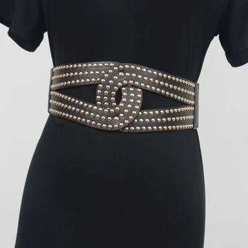 Дамски подиум мода еластична PU кожа нит Cummerbunds женски рокля корсети колани колан декорация широк колан R373
