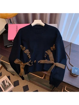 Дамски пуловер плетен пуловер Harajuku 90s естетически дълъг ръкав дантела нагоре джъмпер плета пуловер корейски Y2k реколта 2000s дрехи