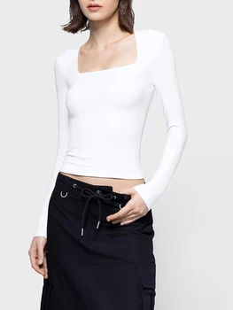 Дамски ризи с дълъг ръкав Квадратно деколте Slim Fit Crop Tops Thermal Cotton T Shirt Basic Stretchy Tee