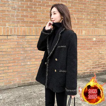 Дамско каре туид яке 2023 есен зима дебел двуреден костюм палто офис дама корейски мода топло блейзър връхни дрехи случайни