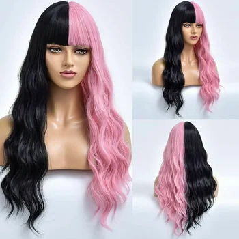 Дълги вълнообразни синтетични перуки Наполовина черни розови косплей естествени влакна жени ежедневни косми