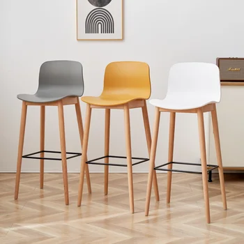 Дървени крака столове пластмасова облегалка Nordic прост стил пълен капак водоустойчив бар висок стол бръснар Сандалие Мебели за ресторанти