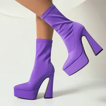 Еластичен сатен като плат лилаво розово синьо заострени пръсти чорапи буйки дебели високи токчета платформа писта обувки жени участък ботуши