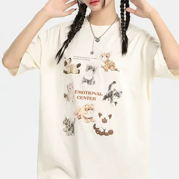 Емоционален Kawaii карикатура котка тениски извънгабаритни Harajuku мода Y2k естетически жени тениски Egirl гръндж графични тениски сладък върховете