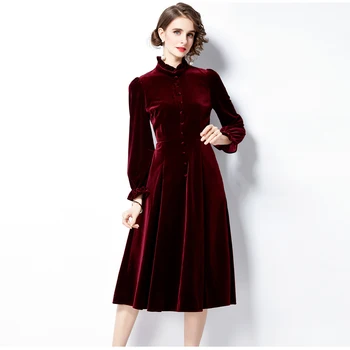 Есен Зима Писта Черно RedVelvet рокля жени дълъг ръкав стойка яка парти висока талия случайни Midi Vestidos Elbise M8818