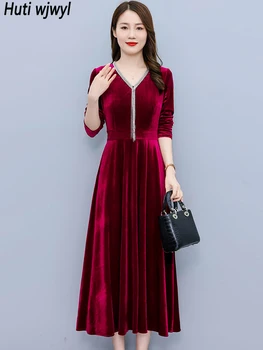Есен Зима кадифе удебелени топла рокля жени елегантен луксозен Bodycon парти дълга рокля 2023 Реколта червено абитуриентски бал нощ Midi Vestido