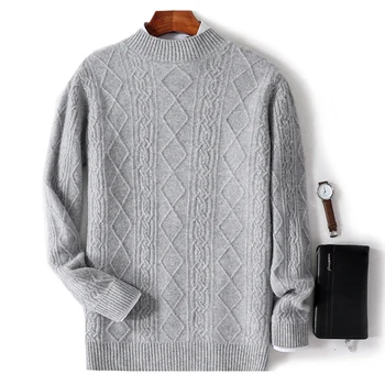 Есен и зима Нова полу-висока яка мъжки 100% чист пуловер дълъг ръкав пуловер бизнес свободно време трикотажни подплатени вълна отгоре.