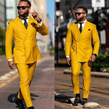 Жълти мъжки костюми пригодени 2 парчета нетактичност панталони двуреден сватба връх ревера ново пристигане тънък по поръчка плюс размер