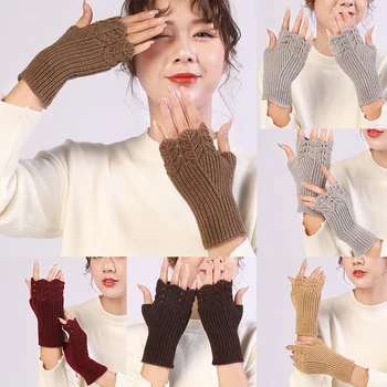 Зимни ръкавици без пръсти жени плетене на една кука плетене половин пръст еластични къси ръкавици мека топла вълна плетени обрат къси ръкавици