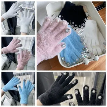 Изящно момиче кристал перла нокти декорация плюшени ръкавици зимни топли ръкавици плетени вълнени ръкавици външни ветроупорни ръкавици