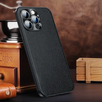 Калъф от естествена кожа за Iphone 15 Pro Max 15Pro Case 3D сплав обектив Защитен кок за Iphone 15 Plus Cover Phone Protector