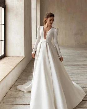 Класически елегантни сватбени рокли линия сатенени булчински рокли V врата дълги ръкави халати за официално парти 2024 Вестидос де Новия 2023