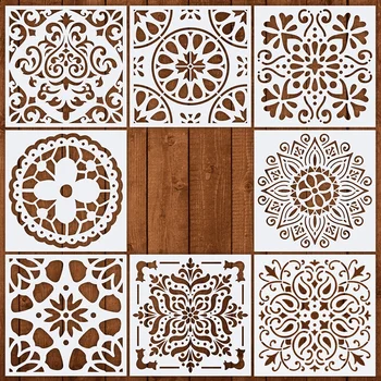 Комплект шаблони за многократна употреба Кухи Мандала живопис шаблон Шаблон за рисуване на цветя Подови стенни шаблони за плочки Шаблон за спрей