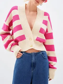 Контраст хлабав плета жилетка яке за жени мода ивица дълъг ръкав еднореден пуловер есента Commuter пачуърк върховете