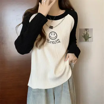 Контрастен цвят дълъг ръкав T риза лято корейски моден печат луксозен дизайнер есен хлабав извънгабаритни върхове дамски дрехи