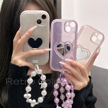 Корейски Ceaded гривна с верига блясък сладък телефон случай за iPhone 14 Promax 13 12 11 любов сърце грим огледало Funda бонбони
