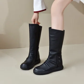 Красовски 4.5см британски естествен естествен кожен комин цип пролетта апартаменти ботуши есента дама мода коляното високи ботуши дамски обувки