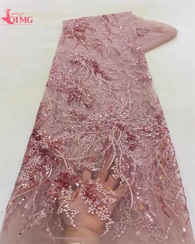 Луксозно розово 2023 Висококачествен френски тюл Net пайети дантела плат африкански дантела плат 5 ярда за Нигерия сватбено парти рокля