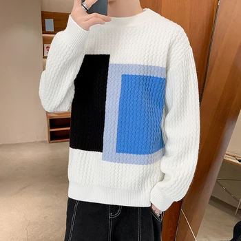Мода Корея стил пачуърк цвят мъжки трикотаж стендъп яка случайни тънък пуловер пуловер нова есен зима мъжки джъмпер