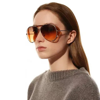 Моден дизайн Двойни мостови очила стил Големи овални слънчеви очила за жени Допаминов цвят Адаптивни лещи Рамка от сплав