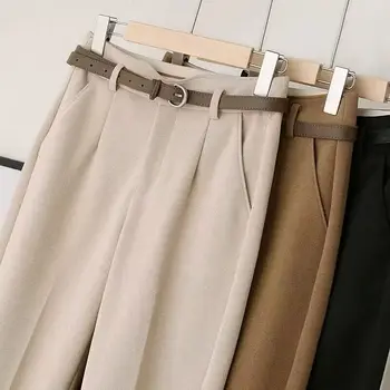 Модерен универсален случаен костюм вълнени панталони тънък пълен мащаб четка удебелени висока талия дамски панталони 2023 есен и зима