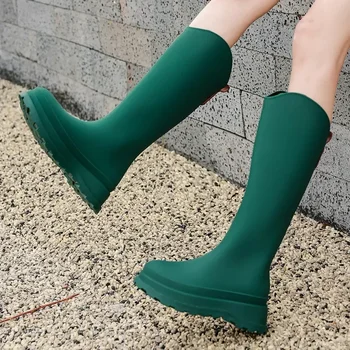Модни дамски ботуши за дъжд PVC водоустойчиви гумени топли кожени ботуши неплъзгащи износоустойчиви ботуши до коляното Zapatos Mujer 20024