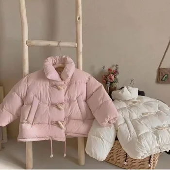 Момиче памук подплатени яке реколта зимата дете сгъстяват топло ватирани яке рог бутон палто връхни дрехи бебе дрехи 1-8Y