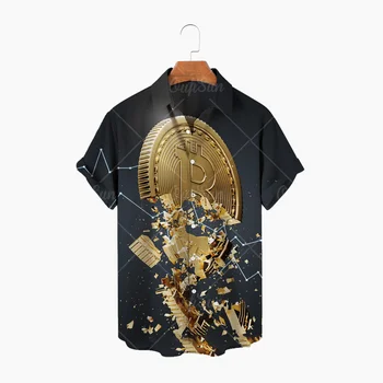 Мъжка хавайска риза Риза с ревер с един бутон Bitcoin 3D отпечатана риза с къс ръкав Ежедневен плаж Топ 2023 бита невероятни дрехи