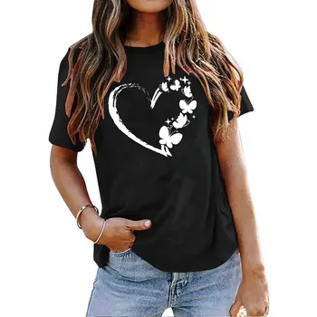 Нова женска любовна тениска Прости върхове Летни O-образно деколте Ежедневна блуза с къс ръкав Женско ежедневно улично облекло Класическо печатно облекло