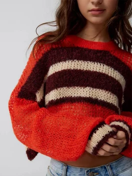 Нова мода дамски изрязани пуловери дълъг ръкав около врата раиран печат плета пуловер случайни върховете клуб улица стил S M L