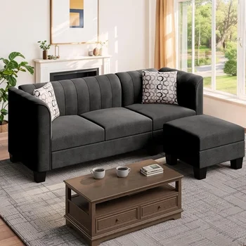 Обновен конвертируем секционен диван, 3-местен L диван с висок подлакътник Linen Fabric Малък диван за хол, черен