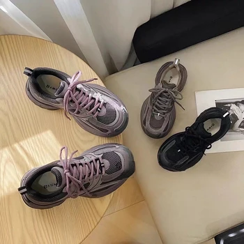 Обувки Дамски ежедневни маратонки Дамски обувки Тенис Женска платформа Мода 2023 Рози Треньори Токчета Дебела подметка Свободно време PU Fabric Au