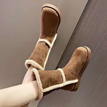 Обувки Зимни ботуши Lady Australia Clogs Platform Flat Heel Round Toe Boots-Women 2023 Snow Padded Med Rubber Basic Slip-On Floc