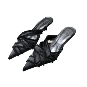 Обувки със среден ток за дами 2023 Дизайнерска мода Деним Женски заострени пръсти Помпи Токчета Мулета Пързалки Елегантни дамски обувки