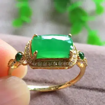 Оригинален дизайн естествен зелен халцедон диамант отваряне регулируем пръстен китайски ретро светлина луксозен чар жени сребърни бижута