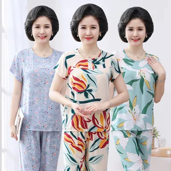 Пижами Дамски летни тънки къс ръкав за мама майка домашно облекло 2 парче комплект плюс размер съвпадение комплекти домашно облекло спално облекло