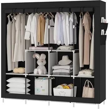 Преносим килер голям гардероб гардероб дрехи организатор с 6 рафтове за съхранение, 4 висящи секции 4 странични джобове, черен