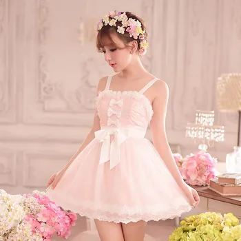 Принцеса сладка рокля Лолита Бонбони дъжд сладък Лято Японски розов лък дантела без ръкави презрамки принцеса рокля C15AB5788