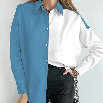 Пролет Есен Риза с дълъг ръкав 2022 Дамски ежедневни ежедневни дрехи Включване надолу яка бутон Шик контрастни блузи Прост All-мач