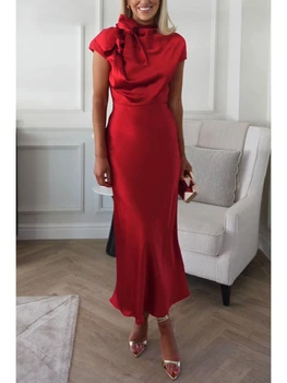 Пролетна вечерна червена рокля за жени Лятна нова мода сатенена парти рокля Случайни свободни жени без ръкави дълга рокля елегантна