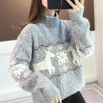 Пуловер с високо деколте пуловер жени есен и зима хлабав 2023 нов мач дълъг ръкав случайни норка дъно пуловер женски