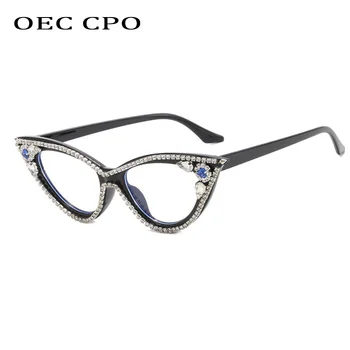 Реколта диамант котка очила жени луксозна марка кристал прозрачни лещи очила женски оптични рамки за очила