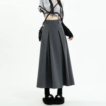 Реколта сив средна дължина поли жени пролет лято висока талия плисирана чадър пола мода Y2k женски корейски стил дрехи