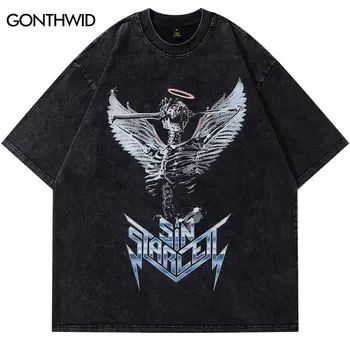 Реколта улично облекло тениска хип-хоп скелет череп ангел крила графичен печат извънгабаритни тениска Harajuku пънк готически извънгабаритни върхове