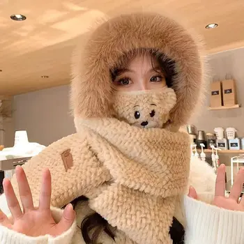 Руно плюшени шал ръкавици маска комплект мода Beanie 4 в 1 руно плюшени капачки карикатура зимата топло мечка ухо шапка на открито