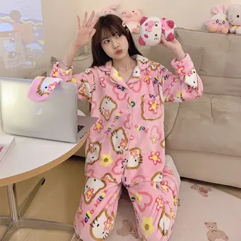 Сладък Sanrio Hello Kitty Kawaii пижами аниме карикатура домашно обзавеждане костюм плюшени сгъстяване топло момиче коледни подаръци шезлонги