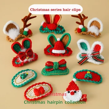 Сладък Коледа тема фиби ръчно изработени плетене на една кука бретон странични клипове карикатура ръчно тъкани плетени овални щипки за коса Коледа подарък за деца